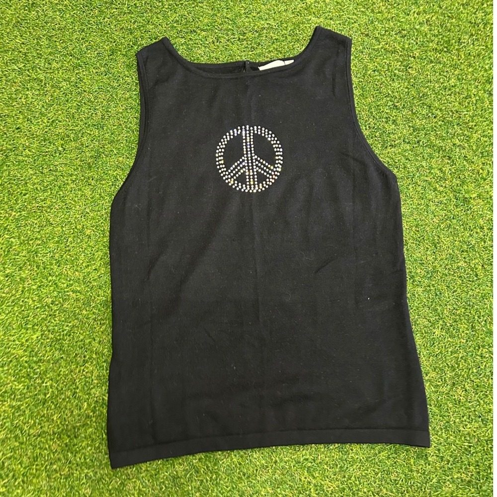Von Saken Black Knit Rhinestone Peace Sign Tank Top Sleeveless Keyhole Back S